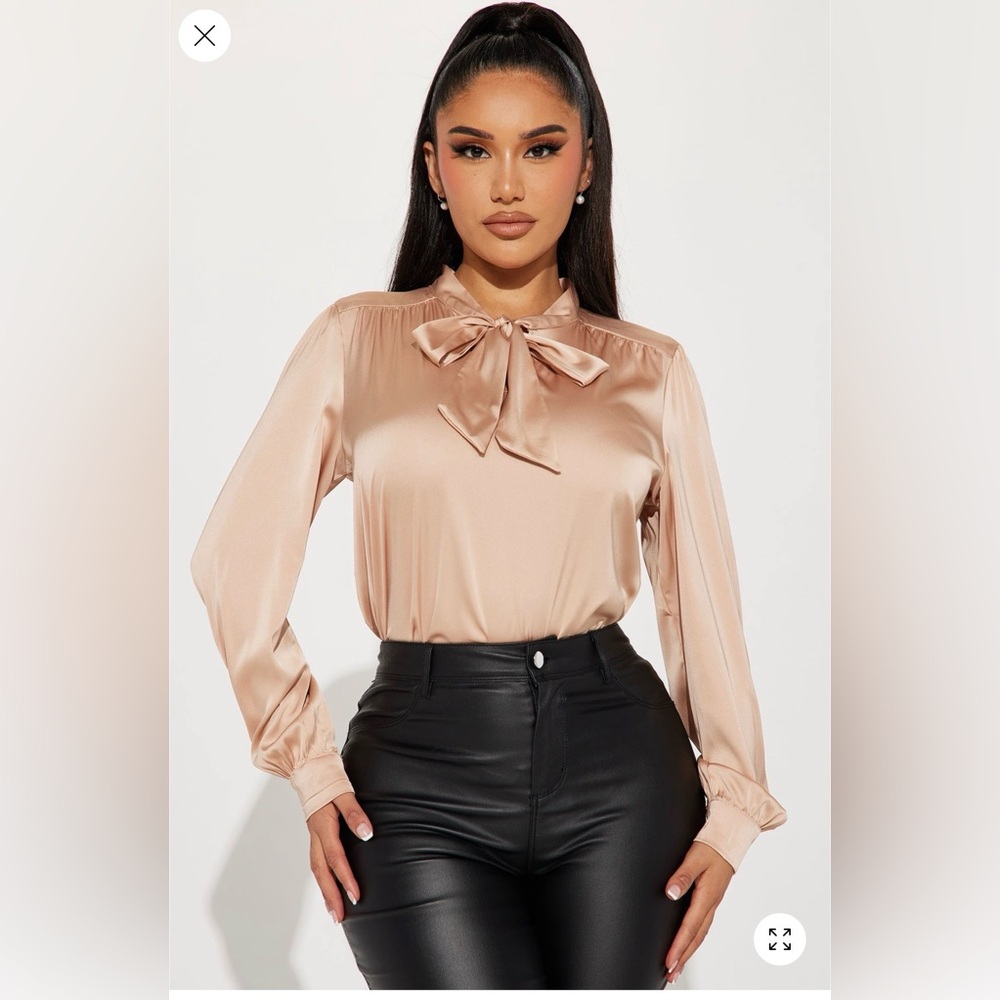 Sale! Fashion Nova Satin Bow-Tie Blouse - Champagne Beige